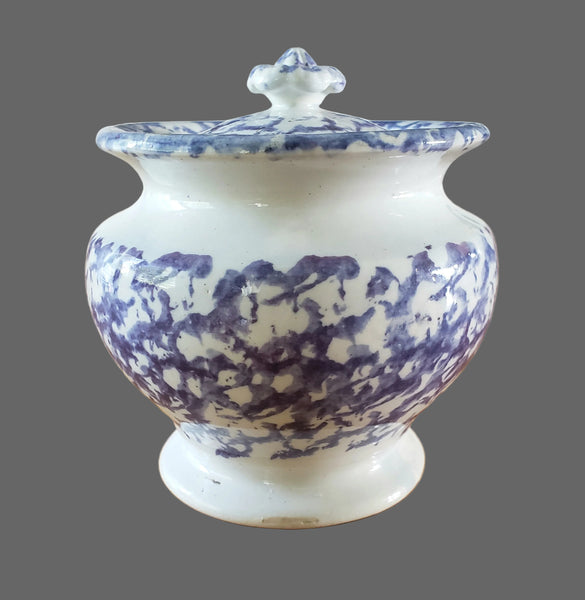 Antique English Purple & Blue Spatterware Sugar Bowl with Lid