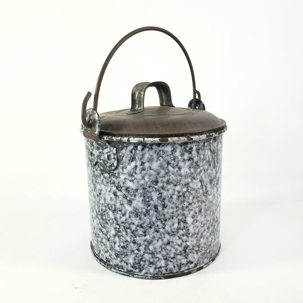 Rustic Antique Gray-Black Enamelware Berry Picking Bucket Tin Lid
