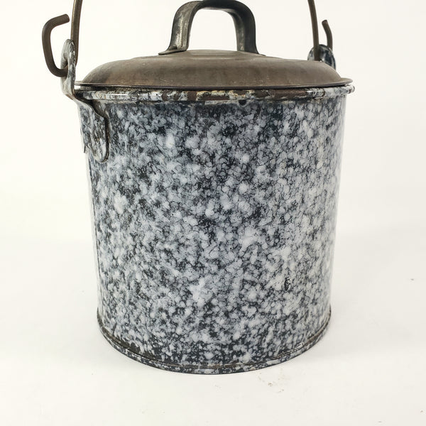 Rustic Antique Gray-Black Enamelware Berry Picking Bucket Tin Lid