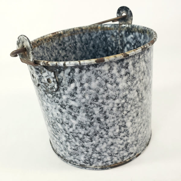 Rustic Antique Gray-Black Enamelware Berry Picking Bucket Tin Lid