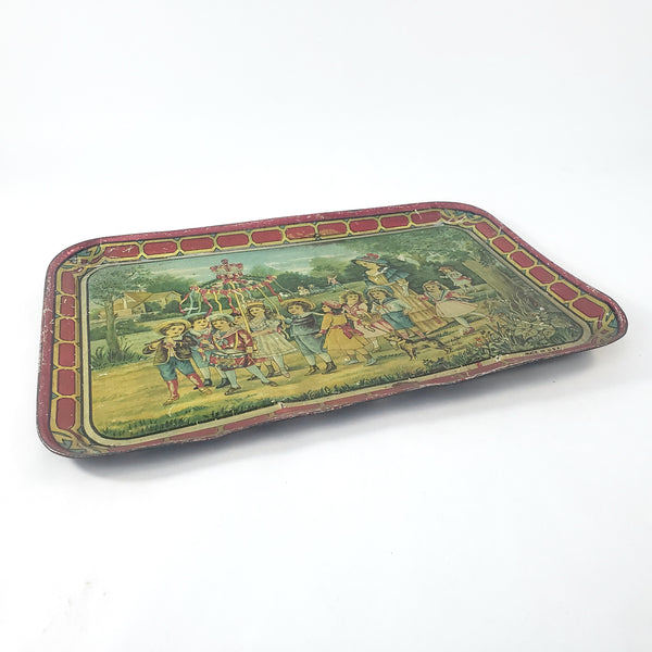 Antique Tin Lithograph Childs Tea Set with Tray May Pole Celebration Scene