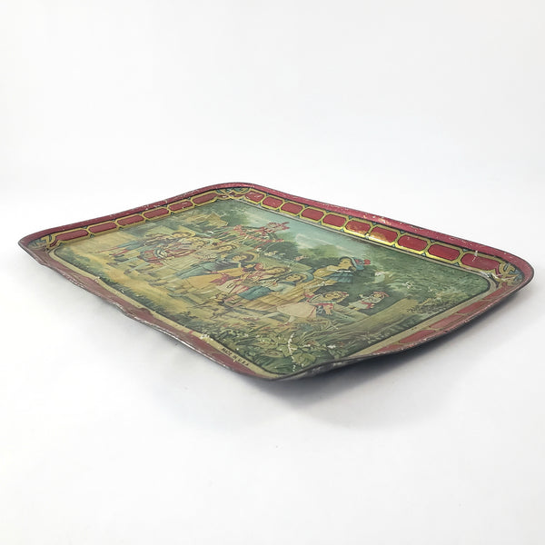 Antique Tin Lithograph Childs Tea Set with Tray May Pole Celebration Scene