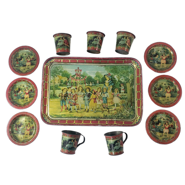 Antique Tin Lithograph Childs Tea Set with Tray May Pole Celebration Scene