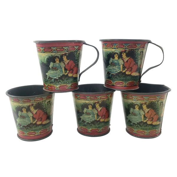 Antique Tin Lithograph Childs Tea Set with Tray May Pole Celebration Scene