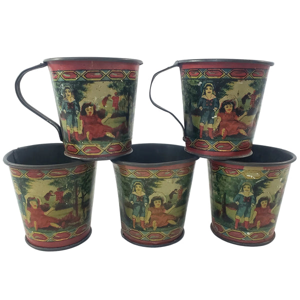 Antique Tin Lithograph Childs Tea Set with Tray May Pole Celebration Scene