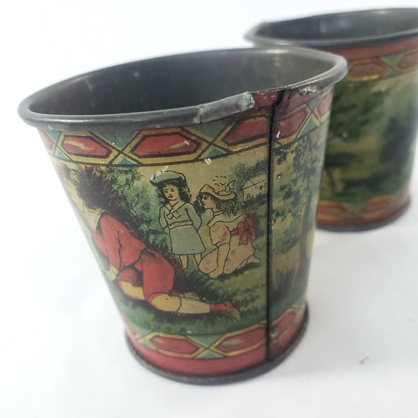 Antique Tin Lithograph Childs Tea Set with Tray May Pole Celebration Scene