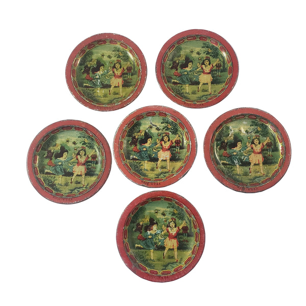 Antique Tin Lithograph Childs Tea Set with Tray May Pole Celebration Scene