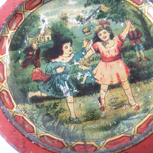 Antique Tin Lithograph Childs Tea Set with Tray May Pole Celebration Scene