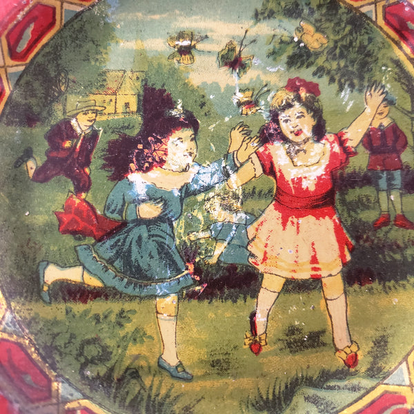Antique Tin Lithograph Childs Tea Set with Tray May Pole Celebration Scene