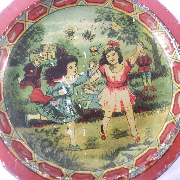 Antique Tin Lithograph Childs Tea Set with Tray May Pole Celebration Scene