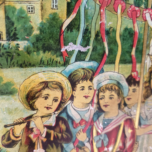 Antique Tin Lithograph Childs Tea Set with Tray May Pole Celebration Scene