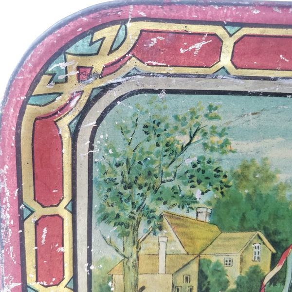 Antique Tin Lithograph Childs Tea Set with Tray May Pole Celebration Scene
