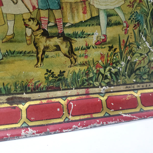Antique Tin Lithograph Childs Tea Set with Tray May Pole Celebration Scene