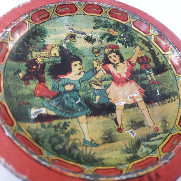 Antique Tin Lithograph Childs Tea Set with Tray May Pole Celebration Scene
