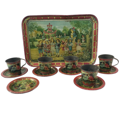 Vintage Tin Lithograph Childs Tea Set with Tray May Pole Celebration Scene