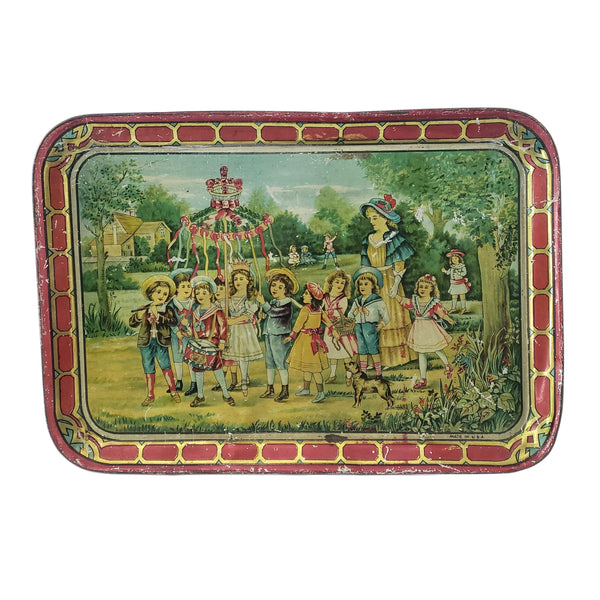 Antique Tin Lithograph Childs Tea Set with Tray May Pole Celebration Scene