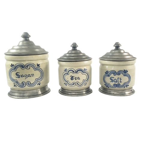 Vintage Hand Decorated Blue & Cream Ceramic & Pewter Canister Set of 3