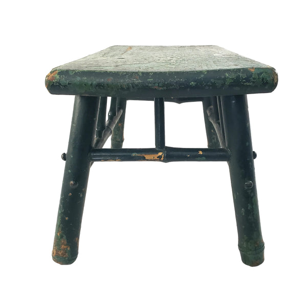 Old Primitive Bamboo Style Green Painted Wooden Stool