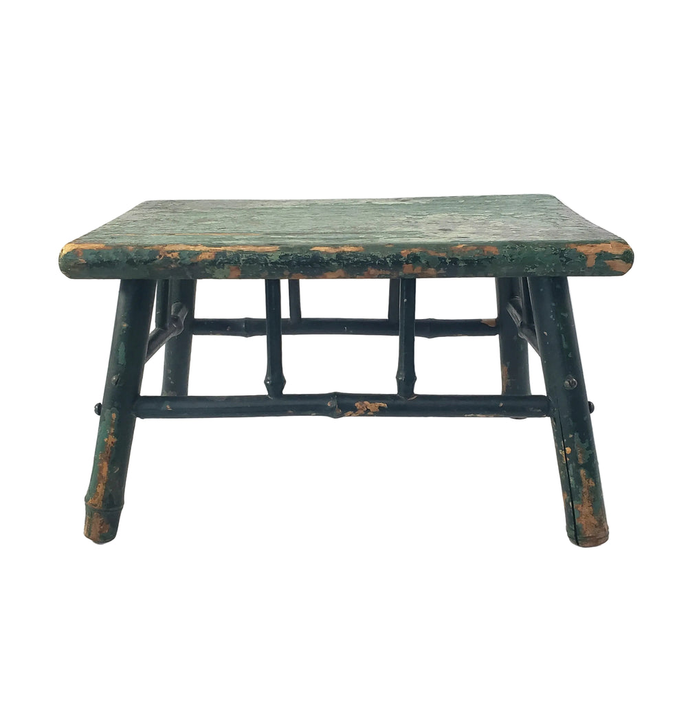 Old Primitive Bamboo Style Green Painted Wooden Stool
