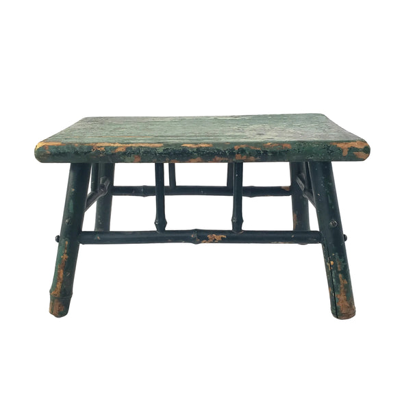 Old Primitive Bamboo Style Green Painted Wooden Stool
