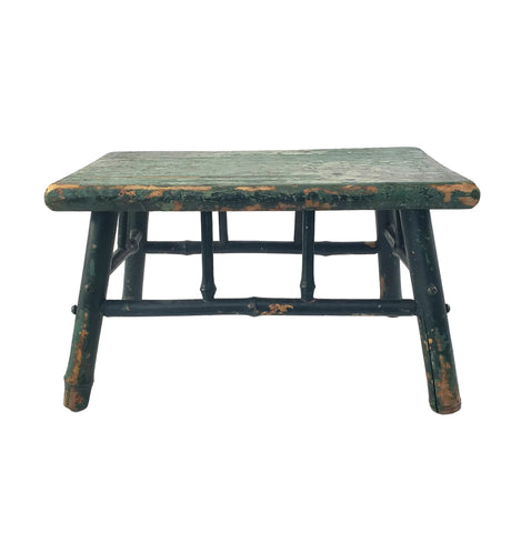 Old Primitive Bamboo Style Green Painted Wooden Stool