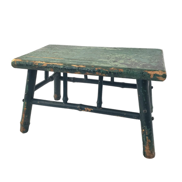 Old Primitive Bamboo Style Green Painted Wooden Stool