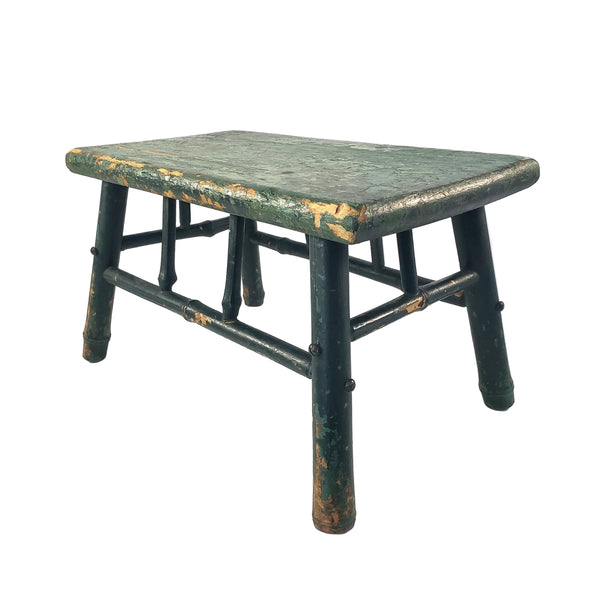 Old Primitive Bamboo Style Green Painted Wooden Stool