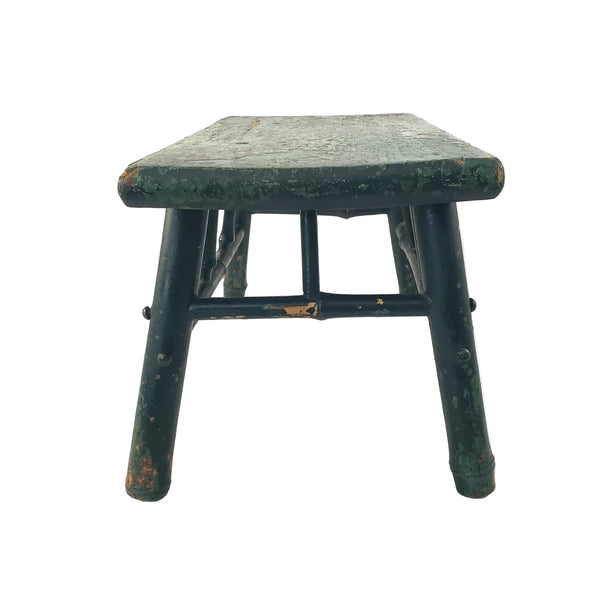 Old Primitive Bamboo Style Green Painted Wooden Stool