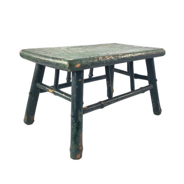 Old Primitive Bamboo Style Green Painted Wooden Stool