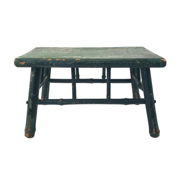 Old Primitive Bamboo Style Green Painted Wooden Stool