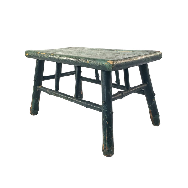 Old Primitive Bamboo Style Green Painted Wooden Stool