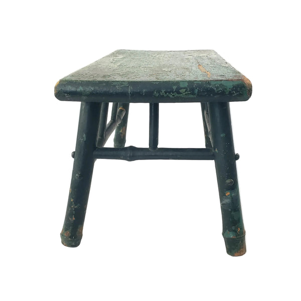 Old Primitive Bamboo Style Green Painted Wooden Stool