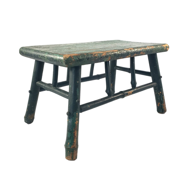 Old Primitive Bamboo Style Green Painted Wooden Stool