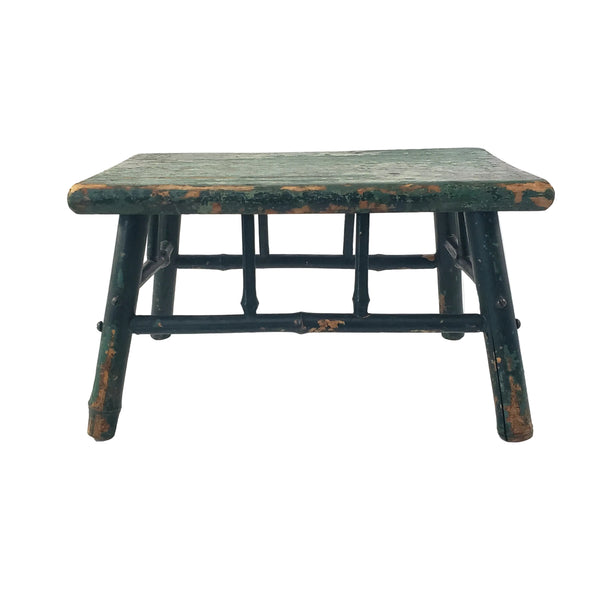 Old Primitive Bamboo Style Green Wooden Footstool