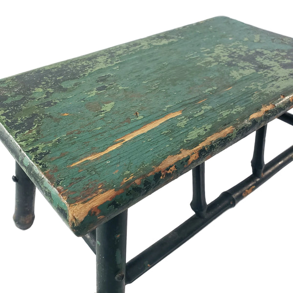 Old Primitive Bamboo Style Green Painted Wooden Stool