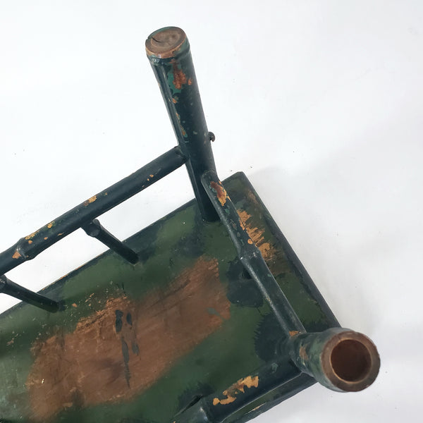 Old Primitive Bamboo Style Green Painted Wooden Stool