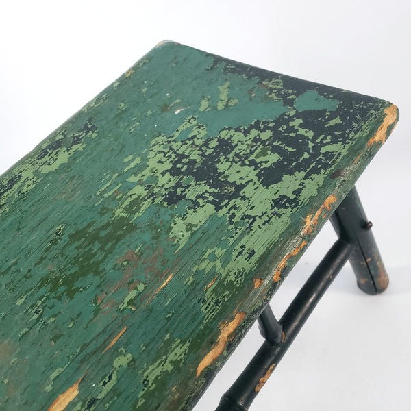 Old Primitive Bamboo Style Green Painted Wooden Stool