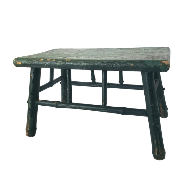 Old Primitive Bamboo Style Green Painted Wooden Stool
