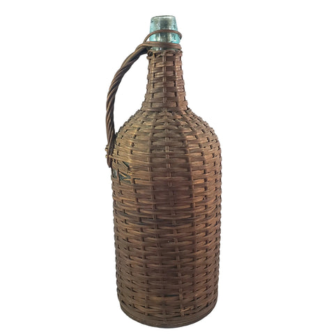Antique Wicker Woven Aqua Demijohn Glass Bottle 16" Wood Base Ring