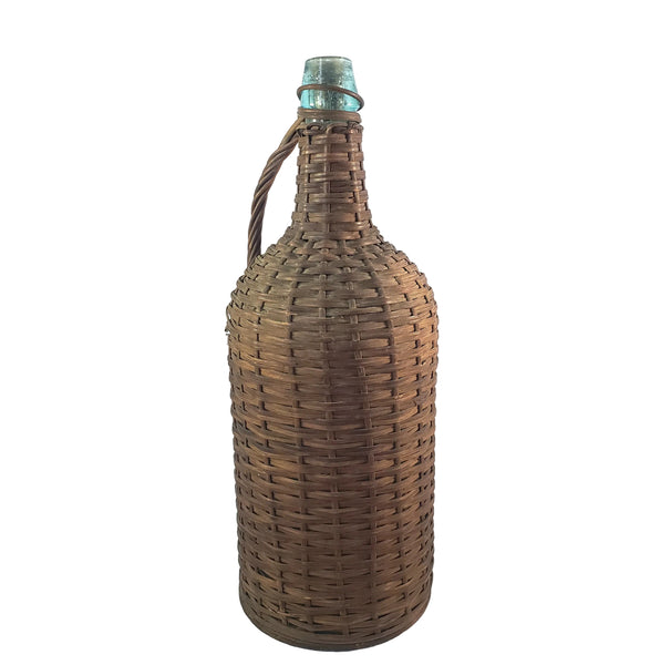 Antique Wicker Woven Aqua Demijohn Glass Bottle 16" Wood Base Ring