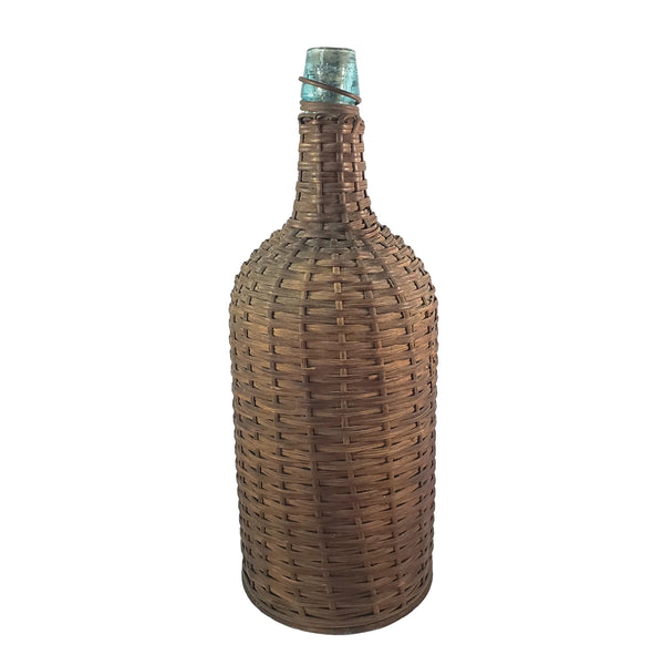 Antique Wicker Woven Aqua Demijohn Glass Bottle 16" Wood Base Ring