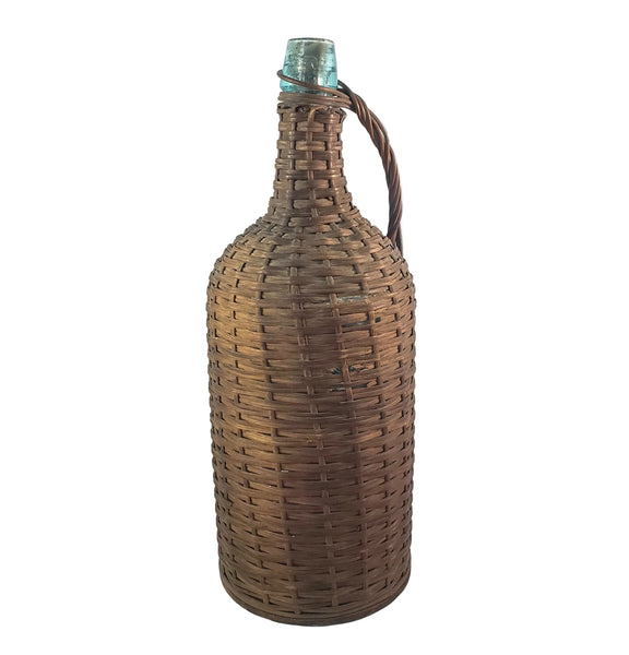 Antique Wicker Woven Aqua Demijohn Glass Bottle 16" Wood Base Ring