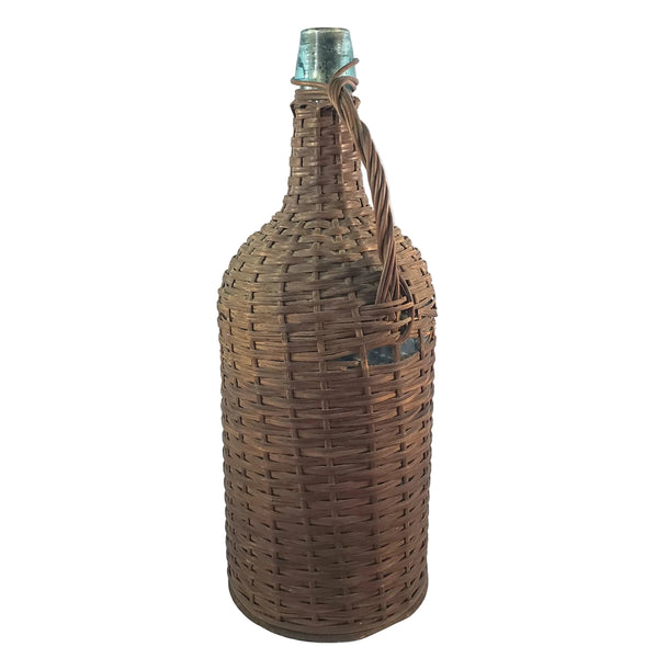Antique Wicker Woven Aqua Demijohn Glass Bottle 16" Wood Base Ring