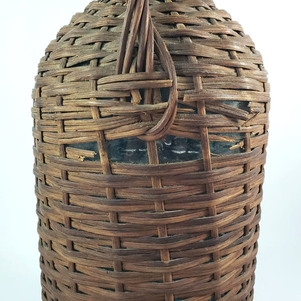 Antique Wicker Woven Aqua Demijohn Glass Bottle 16" Wood Base Ring