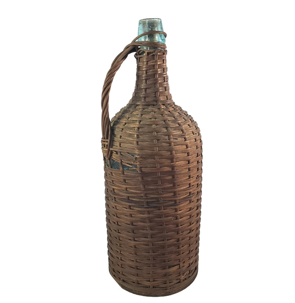 Antique Wicker Woven Aqua Demijohn Glass Bottle 16" Wood Base Ring