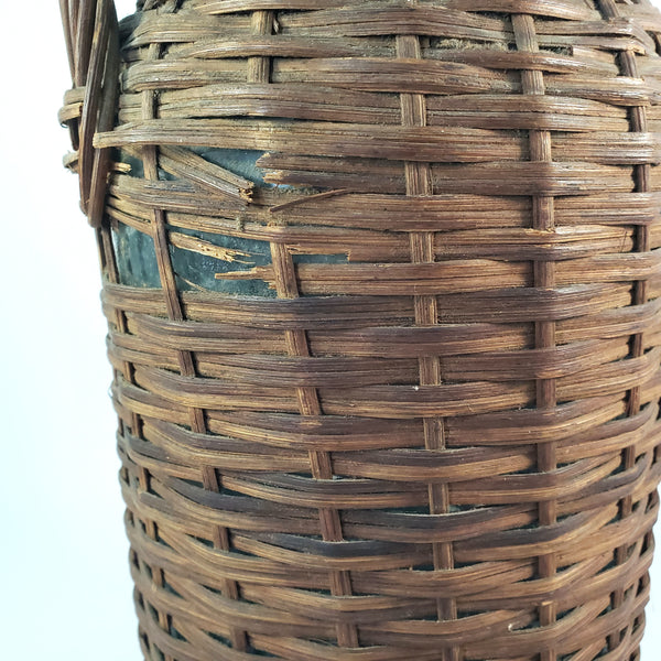 Antique Wicker Woven Aqua Demijohn Glass Bottle 16" Wood Base Ring