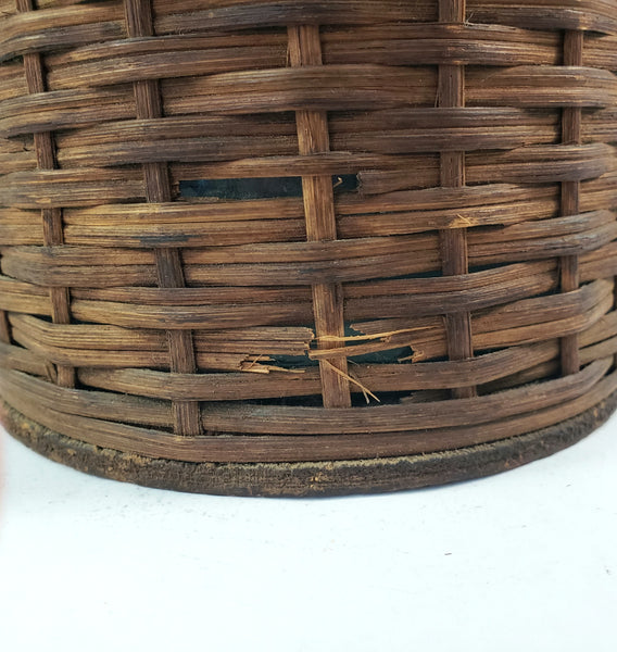 Antique Wicker Woven Aqua Demijohn Glass Bottle 16" Wood Base Ring