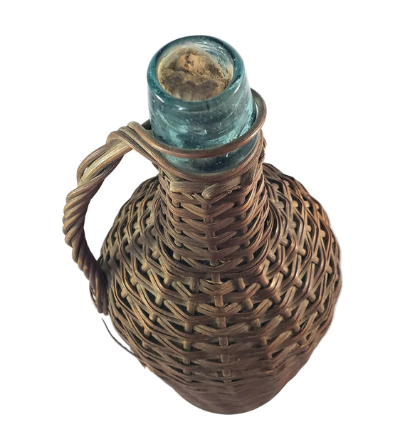 Antique Wicker Woven Aqua Demijohn Glass Bottle 16" Wood Base Ring