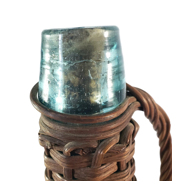 Antique Wicker Woven Aqua Demijohn Glass Bottle 16" Wood Base Ring