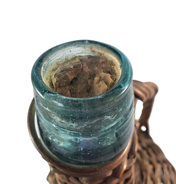 Antique Wicker Woven Aqua Demijohn Glass Bottle 16" Wood Base Ring